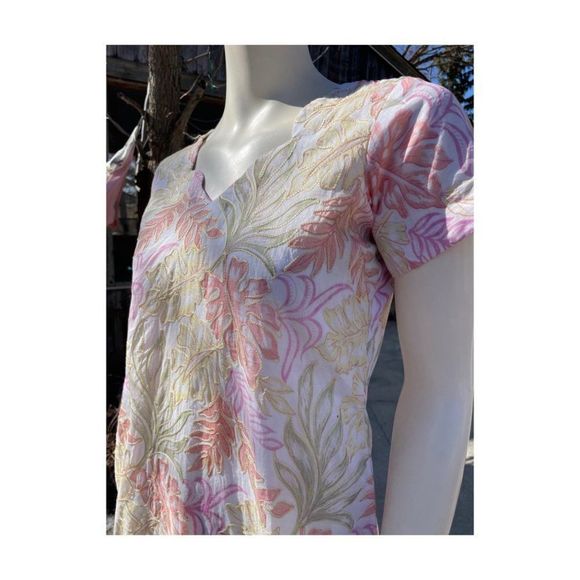 Pastel Botanical Print Tunic Dress Kurta Short Sleeve Gold Embroidery V-Neck - Picture 12 of 12